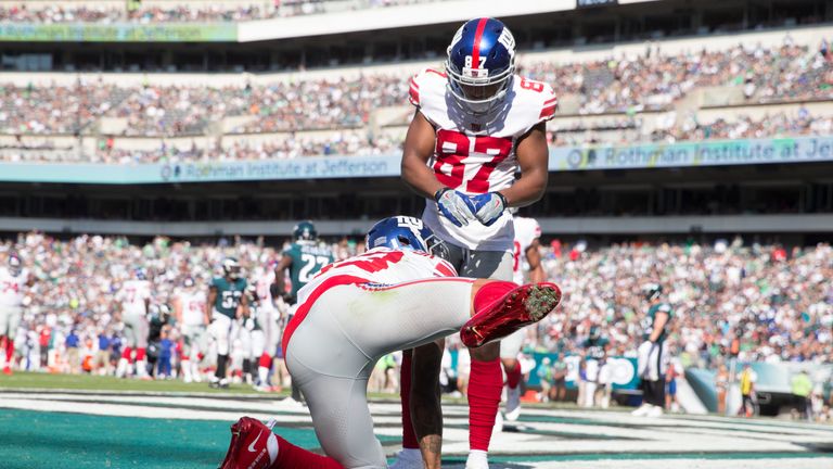 PHILADELPHIA, PA - SEPTEMBER 24: Odell Beckham #13 of the New York Giants celebrates with Sterling Shepard #87 after scoring a touchdown in the fourth quar