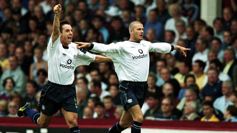 David Beckham and Gary Neville in action for Man Utd 