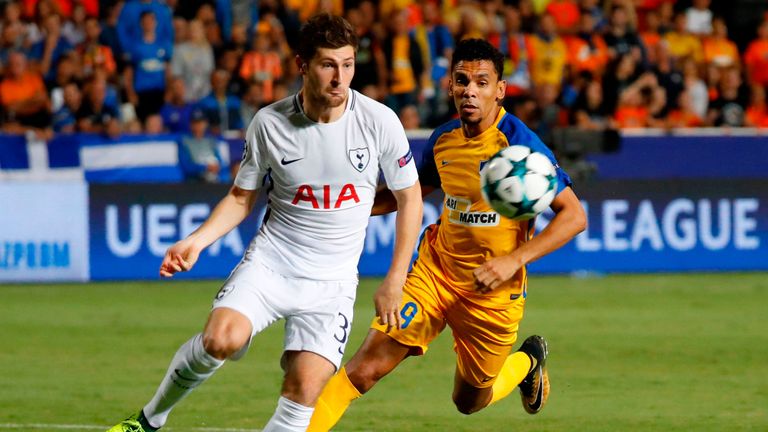 Tottenham Hotspur's Welsh defender Ben Davies (L) vies for the ball against Apoel FC's Belgian striker Igor de Camargo during the UEFA Champions League foo