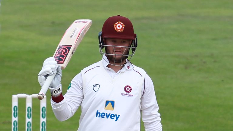 NORTHAMPTON, ENGLAND - AUGUST 06: Ben Duckett of Northamptonshire celebrates his half century during the Specsavers County Championship Division Two match 
