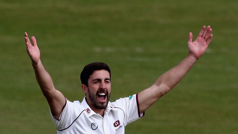 Ben Sanderson of Northamptonshire unsuccessfully appeals for a wicket during the Specsavers County Championship