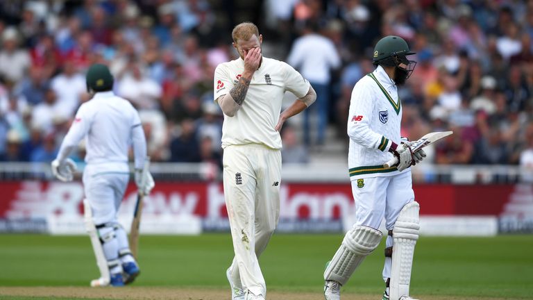 Ben Stokes reacts after bowling during day one of the 2nd Investec Test match between England and South Africa