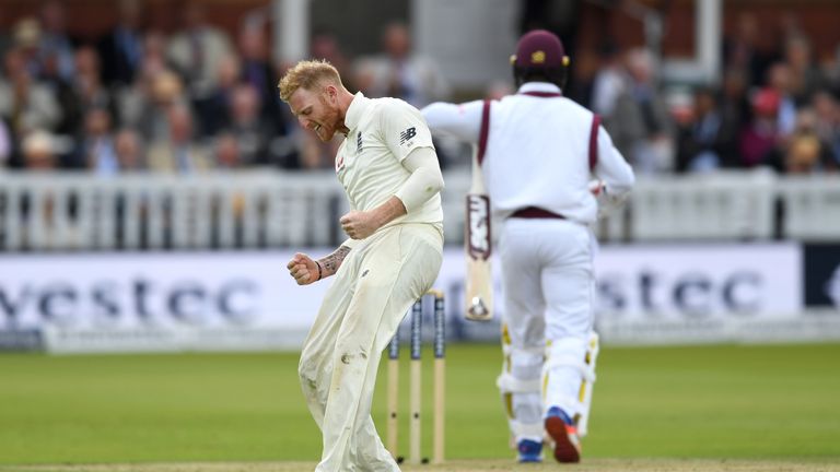 LONDON, ENGLAND - SEPTEMBER 07:  Ben Stokes of England celebrates dismissing Kemar Roach of the West Indies during day one of the 3rd Investec Test match b