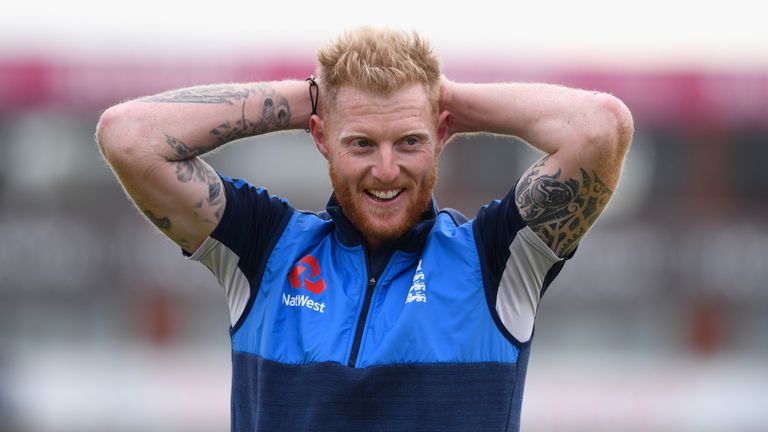 MANCHESTER, ENGLAND - SEPTEMBER 18:  England player Ben Stokes raises a smile during England nets ahead of the 1st ODI against West Indies at Old Trafford 