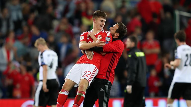Wales' Ben Woodburn (left) is congratulated by team-mate Danny Ward after the 2018 FIFA World Cup Qualifying, Group D match v Austria in Cardiff