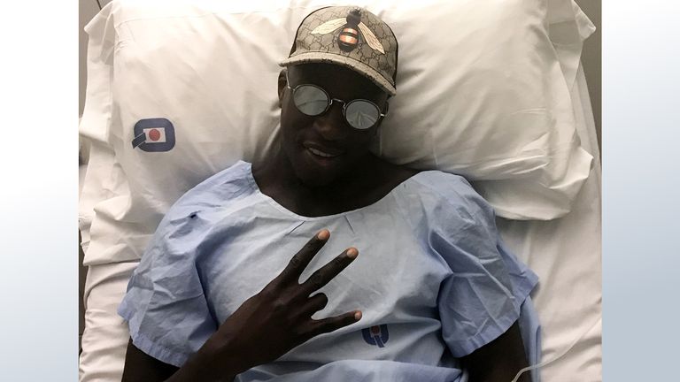 Benjamin Mendy tweeted this picture of himself from his hospital bed following surgery (Credit: Twitter/@benmendy23)
