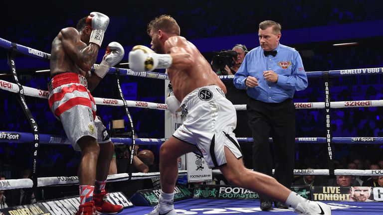 Billy Joe Saunders in boxing action with Willie Munroe Jr during the WBO World Middleweight Title fight at Copper Box Arena