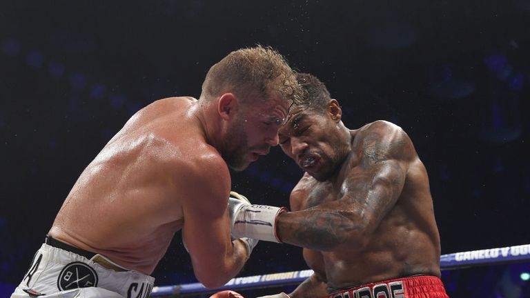 Billy Joe Saunders in boxing action with Willie Munroe Jr during the WBO World Middleweight Title fight at Copper Box Arena