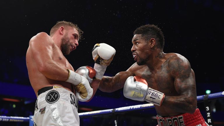 Willie Munroe Jr (r) in boxing action with Billy Joe Saunders during the WBO World Middleweight Title fight at Copper Box A