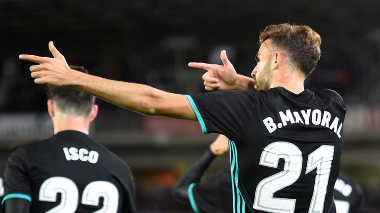 Real Madrid forward Borja Mayoral celebrates after scoring his team's first goal during the Spanish league football match v Real Sociedad
