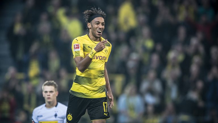 DORTMUND, GERMANY - SEPTEMBER 23: Pierre-Emerick Aubameyang of Dortmund celebrates a goal during the Bundesliga match between Borussia Dortmund and Borussi