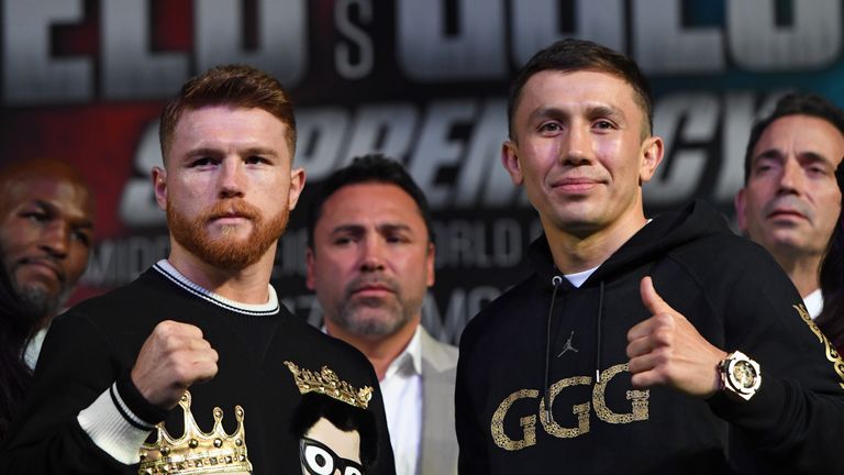 Saul 'Canelo' Alvarez (L) and WBC, WBA and IBF middleweight champion Gennady Golovkin