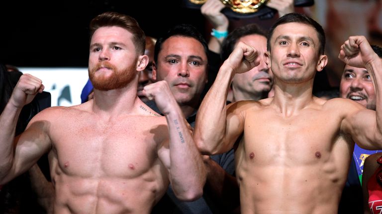 Saul 'Canelo' Alvarez (left) and Gennady Golovkin pose during their weigh-in