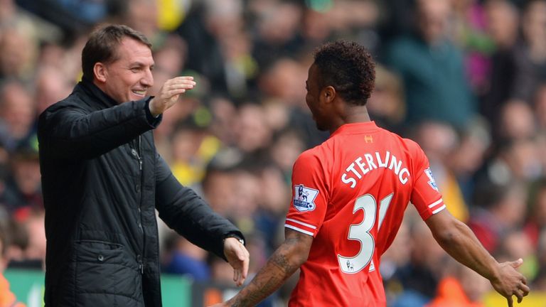 Brendan Rodgers celebrates with Raheem Sterling at Liverpool