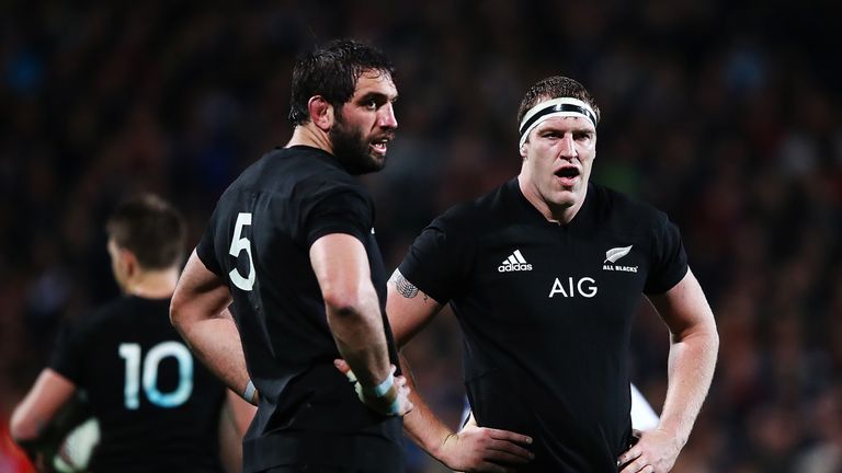 AUCKLAND, NEW ZEALAND - SEPTEMBER 16: Samuel Whitelock and Brodie Retallick of the All Blacks look on during the Rugby Championship match between the New Z