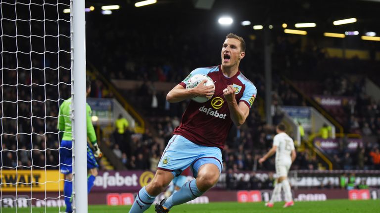 Chris Wood of Burnley celebrates after scoring a penalty during the Carabao Cup Third Round match between Burnley and Leeds United
