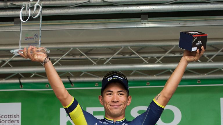 Caleb Ewan celebrates winning stage one of the Tour of Britain from Edinburgh to Kelso