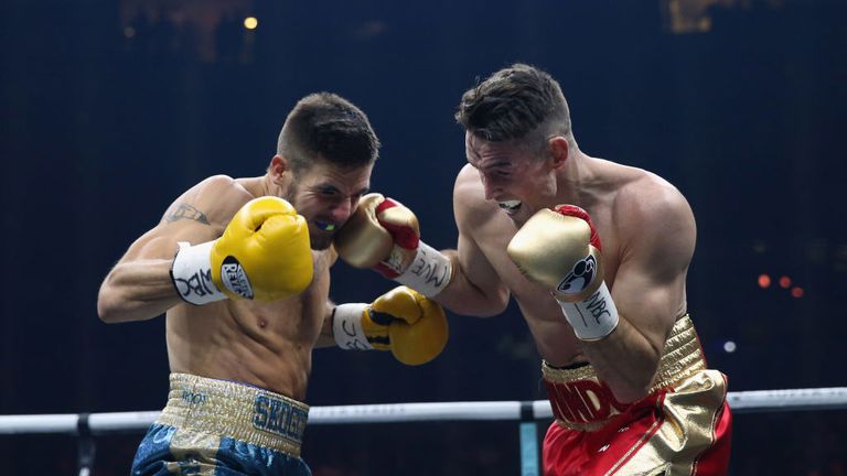 Callum Smith lands a right shot on Erik Skoglund during the WBSS Super Middleweight Quarter-Final fight at Echo Arena o