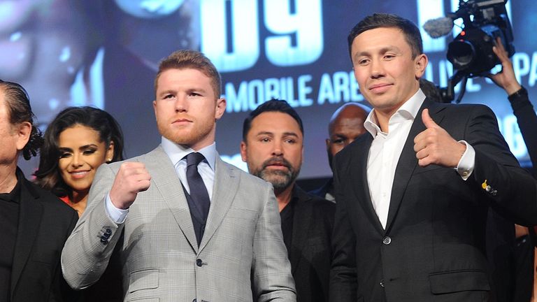 Lineal & "RING" Magazine Middleweight World Champ Canelo Alvarez(L) and Gennadi Golovkin attend the Canelo Alvarez and Gennady Gol