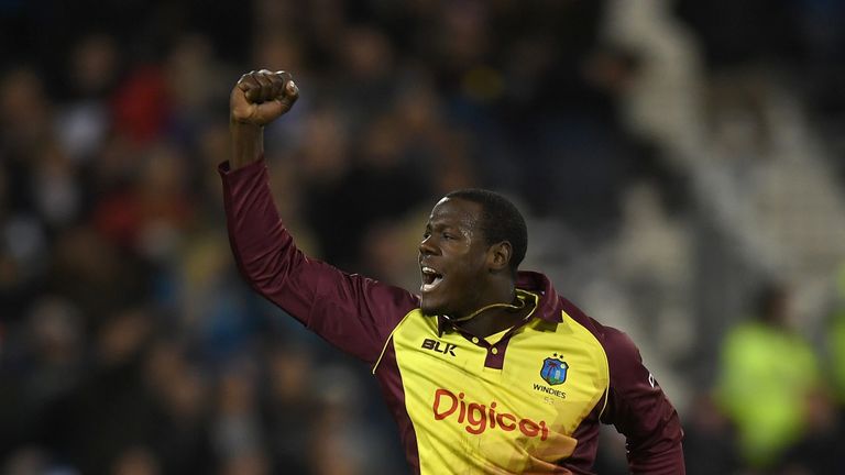 CHESTER-LE-STREET, ENGLAND - SEPTEMBER 16:  West Indies captain Carlos Brathwaite celebates dismissing Liam Plunkett of England to win the  NatWest T20 Int