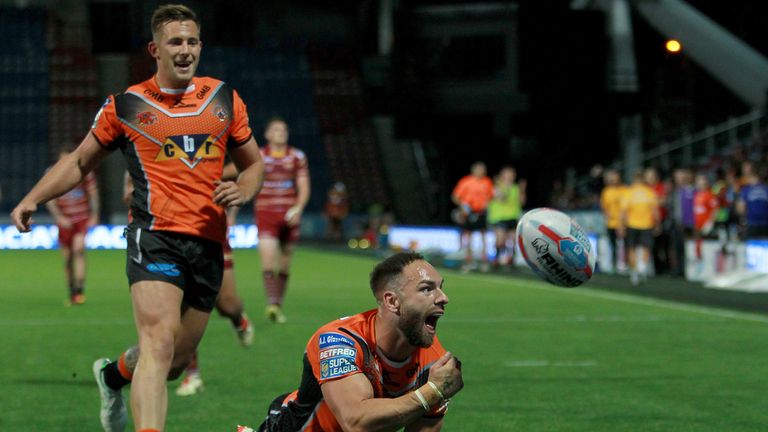 Castleford Tigers Luke Gale celebrates his try during the Super 8s match at the John Smith's Stadium, Huddersfield.