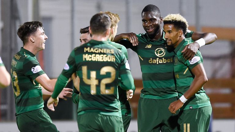 Celtic's Odsonne Edouard (second right) celebrates after scoring the fourth goal during the Ladbrokes Scottish Premiership match at the SuperSeal Stadium, 