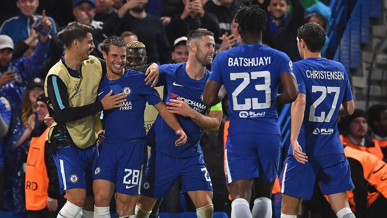Cesar Azpilicueta (2L) celebrates after putting Chelsea 3-0 up
