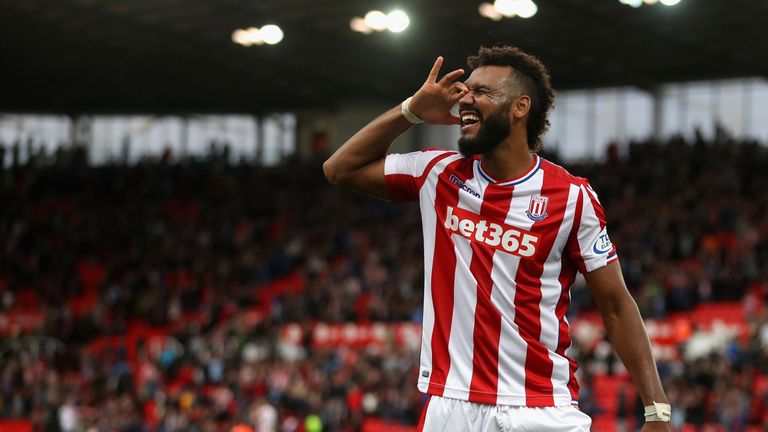 Maxim Choupo-Moting of Stoke City celebrates victory after the Premier League match between Stoke City and Arsenal.
