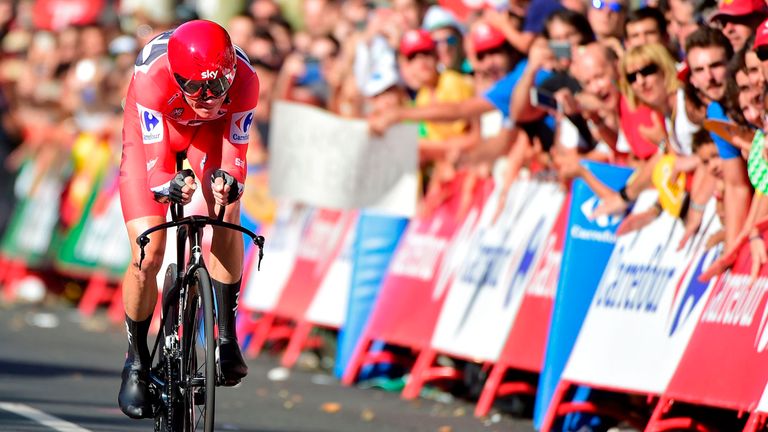 Sky's British cyclist Christopher Froome sprints to win the 16th stage of the 72nd edition of "La Vuelta" Tour of Spain cycling race, a 40.2 km individual 