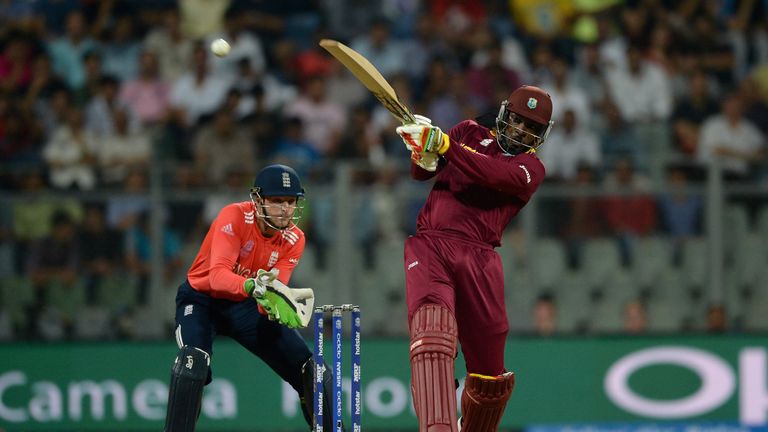 Chris Gayle of the West Indies hits out for six runs during the ICC World Twenty20 India 2016 Super 10s Group 1 match