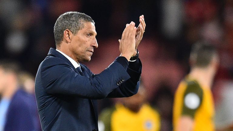 Brighton's Irish manager Chris Hughton gestures after the English Premier League football match between Bournemouth and Brighton at the Vitality Stadium in
