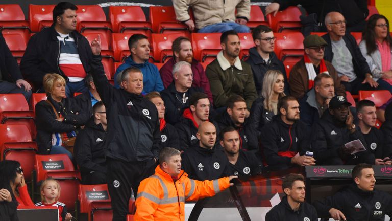 Sheffield Utd boss Chris Wilder looks on from the stands during the Sky Bet Championship match between the Blades and Norwich City on September 16, 2017