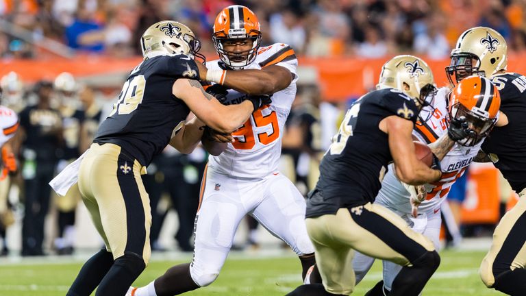 CLEVELAND, OH - AUGUST 10: Tight end Josh Hill #89 of the New Orleans Saints blocks defensive end Myles Garrett #95 of the Cleveland Browns during the firs