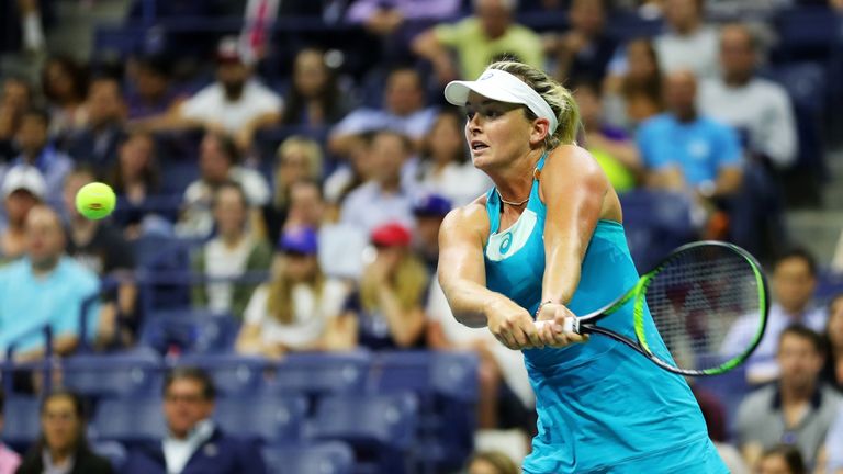 NEW YORK, NY - AUGUST 31:  CoCo Vandeweghe of the United States returns a shot against Ons Jabeur of Tunisia during their second round Women's Singles matc