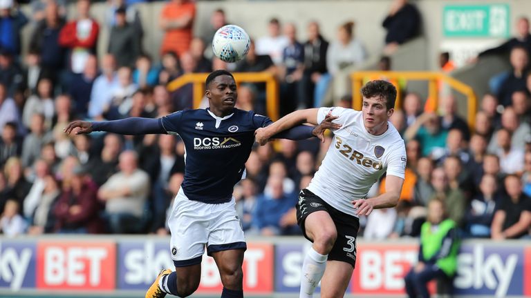 Leeds United's Conor Shaughnessy (right) and Millwall's Fred Onyedinma battle for possession during the Sky Bet Championship match at The Den, London.