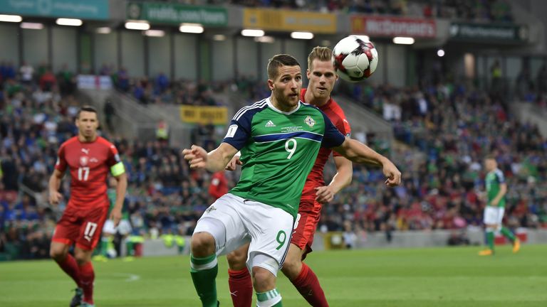 Conor Washington of Northern Ireland and Tomas Kalas of Czech Republic during the FIFA 2018 World Cup Qualifier