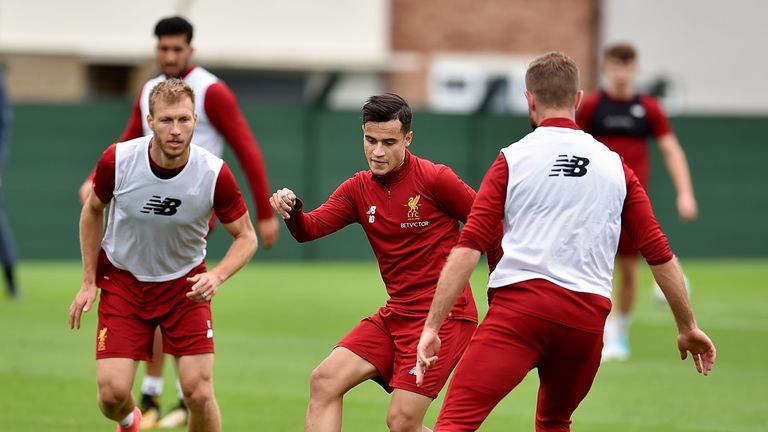 Coutinho of Liverpool during a training session at Melwood Training Ground on September 4, 2017 in Liverpool, England.