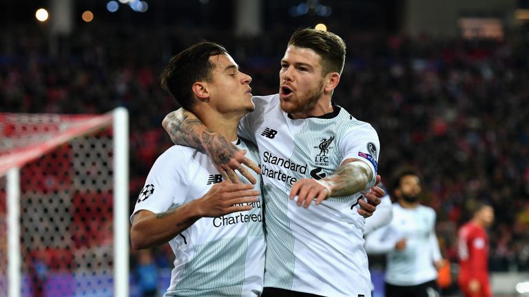 Philippe Coutinho of Liverpool celebrates scoring his sides first goal with Alberto Moreno of Liverpool