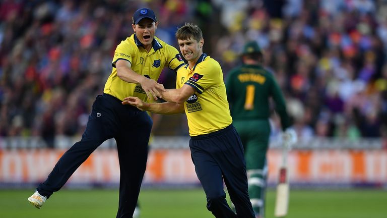 Chris Woakes of Birmingham celebrates after taking the wicket of Riki Wessels of Notts during the NatWest T20 Blast Final