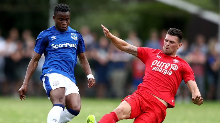 DE LUTTE, NETHERLANDS - JULY 19:  Ademola Lookman of Everton is challenged by Danny Holla of Twente during a preseason friendly match between FC Twente and