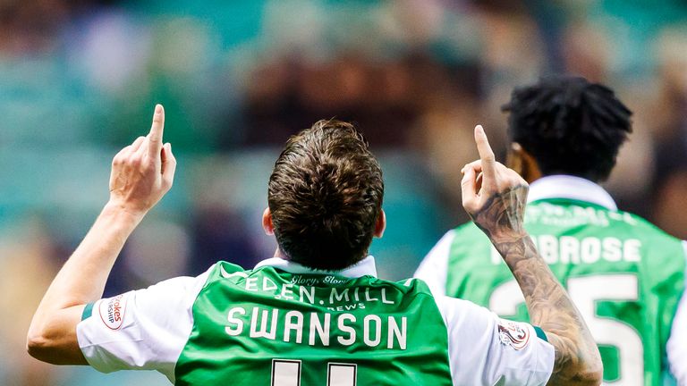 Hibernian's Danny Swanson celebrates scoring his first goal for the club in the League Cup quarter-final win against Livingston.