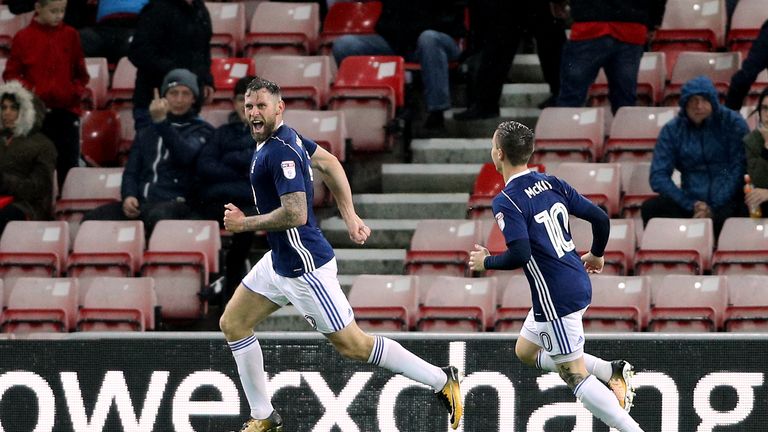 Daryl Murphy (left) celebrates scoring Nottingham Forest's first goal of the game at the Stadium of Light