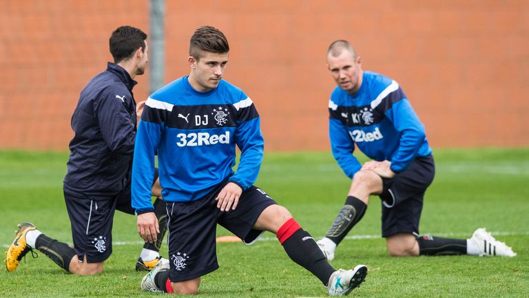 New arrival Declan John limbers up at the Rangers training ground