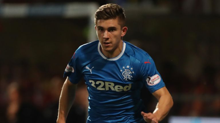 GLASGOW, SCOTLAND - SEPTEMBER 19: Declan John of Rangers is seen in action during the Betfred League Cup Quarter Final at Firhill Stadium on September 19, 