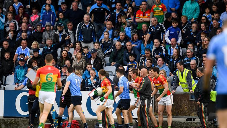 Diarmuid Connolly remonstrates with the linesman during the Carlow game