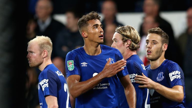 LIVERPOOL, ENGLAND - SEPTEMBER 20: Dominic Calvert-Lewin of Everton celebrates scoring his sides first goal during the Carabao Cup Third Round match betwee