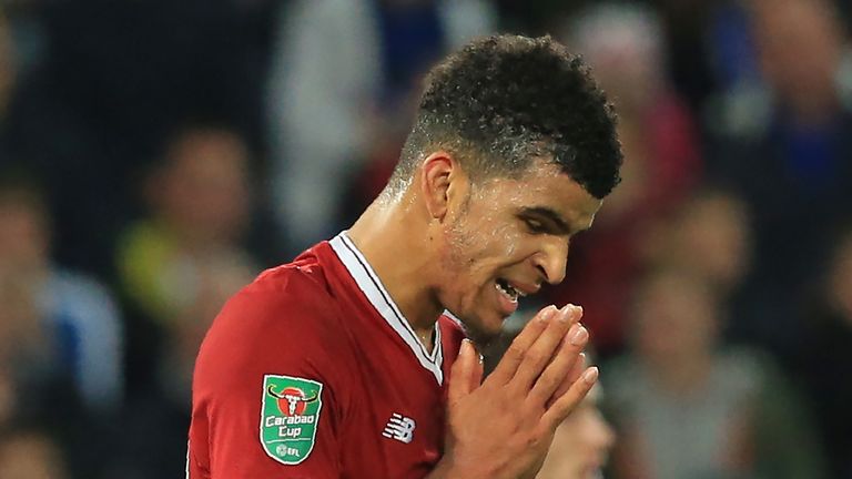 Liverpool's English striker Dominic Solanke reacts after missing a chance during the English League Cup third round football match between Leicester City a
