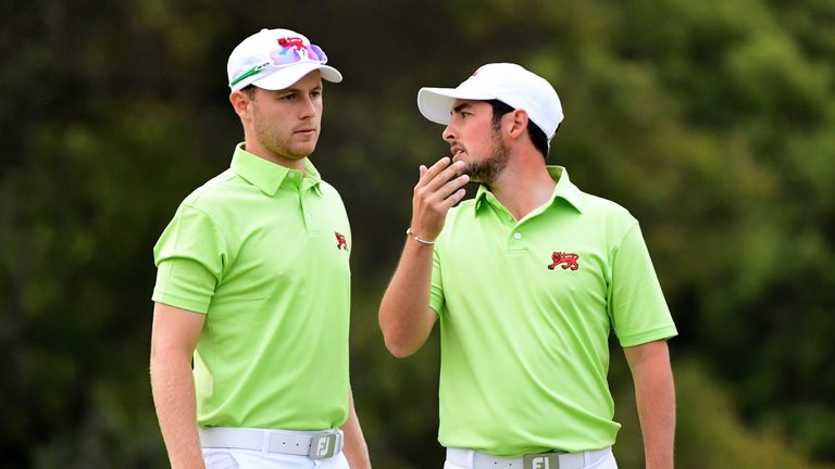 LOS ANGELES, CA - SEPTEMBER 09:  (L-R) Harry Ellis and Alfie Plant of Team Great Britain and Ireland line up a putt on the first green losing eight and sev