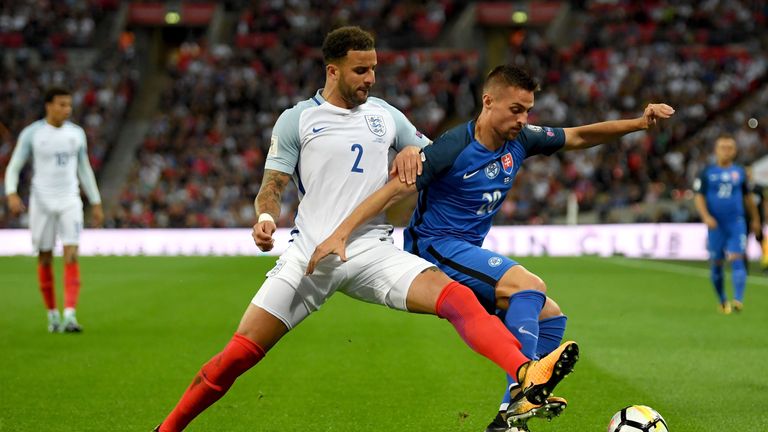 Robert Mak of Slovakia holds off Kyle Walker of England during the FIFA 2018 World Cup Qualifier between England and Slovakia