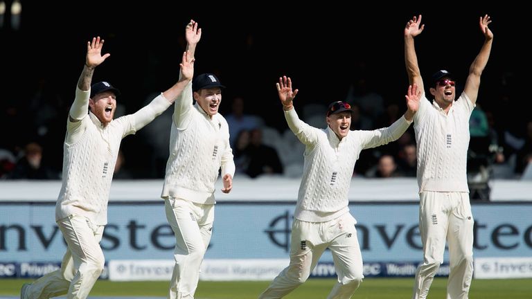 LONDON, ENGLAND - SEPTEMBER 09:  (L-R) Ben Stokes, Tom Westley, Joe Root and Alastair Cook celebrate during England v West Indies - 3rd Investec Test: Day 